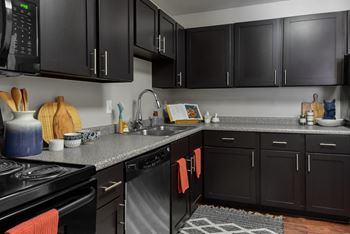a kitchen with black cabinets and granite counter tops and black appliances at The Pointe at St. Joseph Apartments, Indiana, 46617